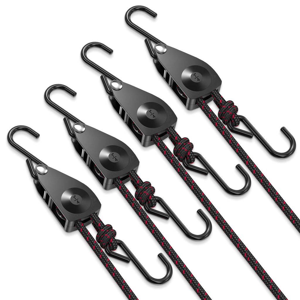 VIPARSPECTRA Ratchet Tie Down Straps, 1/4" Adjustable Rope Hangers [4 Pack, 12FT, 150 lbs/Pack], Heavy Duty Kayak Pulley System with Hooks for Garage Cargo Trucks Tents Grow Lights Various Lashing