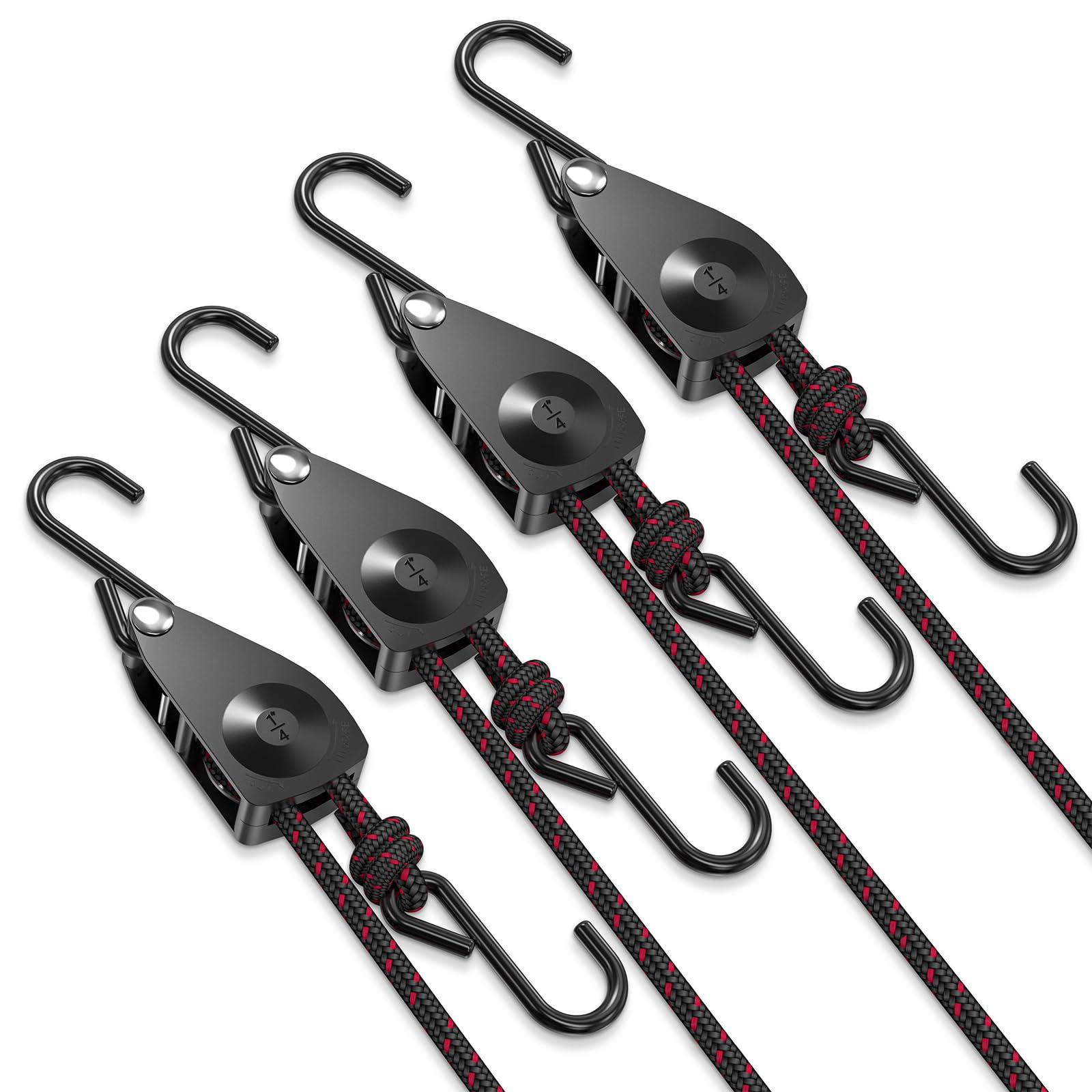 VIPARSPECTRA Ratchet Tie Down Straps, 1/4" Adjustable Rope Hangers [4 Pack, 12FT, 150 lbs/Pack], Heavy Duty Kayak Pulley System with Hooks for Garage Cargo Trucks Tents Grow Lights Various Lashing