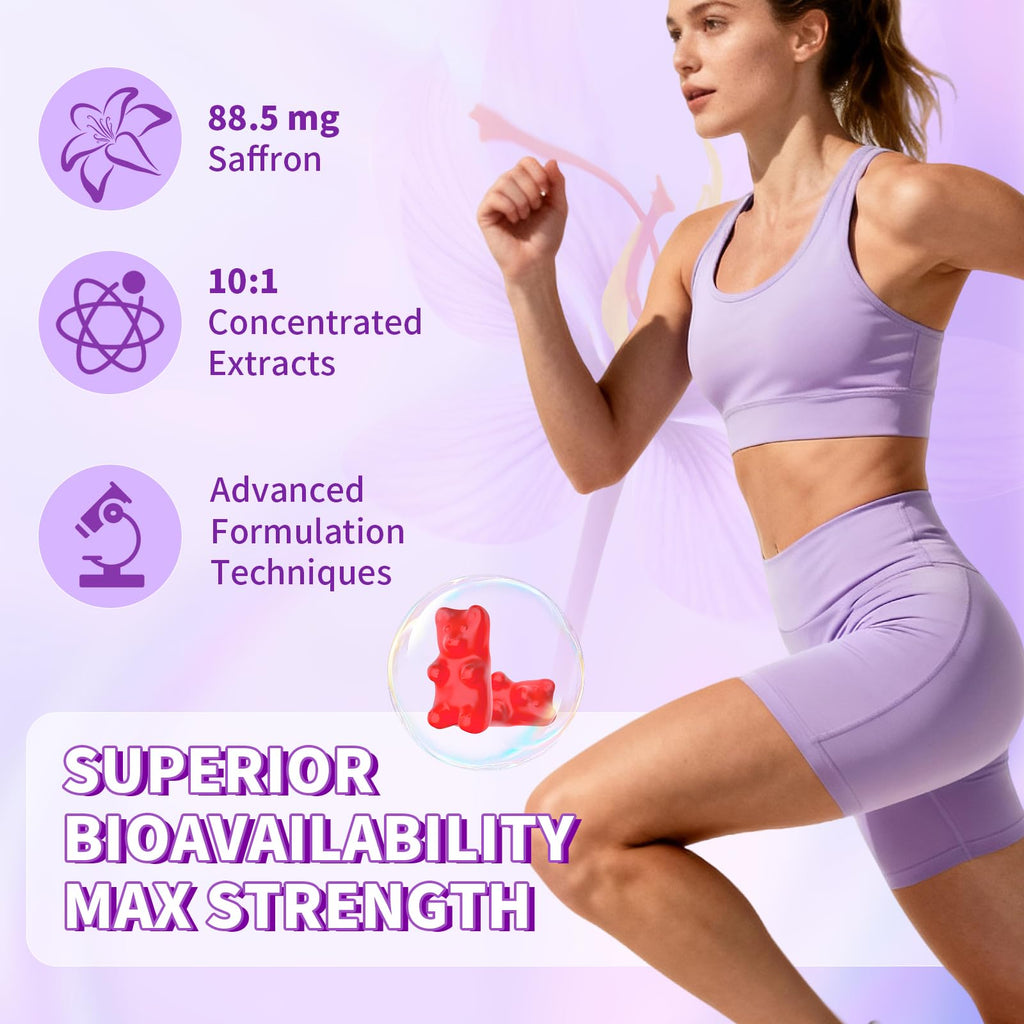 YXSW Saffron Gummies, Saffron Supplements for Kids & Adults with Ashwagandha, L-Theanine, Lemon Balm, Vitamin D3, B6, Magnesium & Zinc - Support Focus, Relaxation, Raspberry Flavor, 120 Count