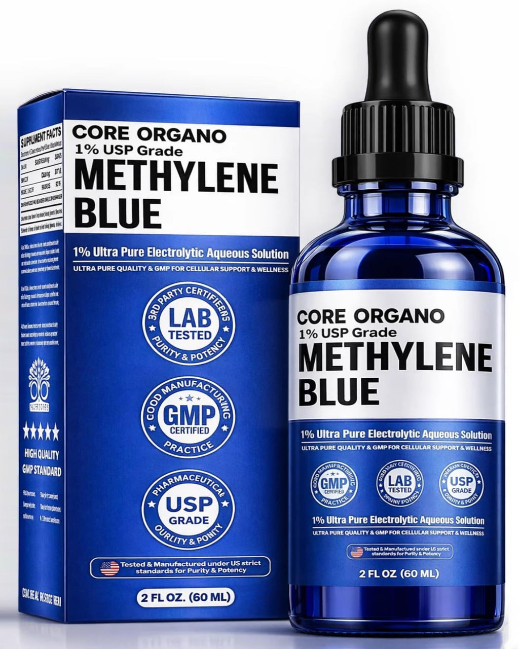 Core Organo Ultra-Pure & Premium 1% Methylene Blue Drops – 3rd Party Lab Tested, 99.9% Purity, Formaldehyde & Alcohol-Free, Pharmaceutical Grade Methylene Blue Drops – 60ml (2.02 fl oz)