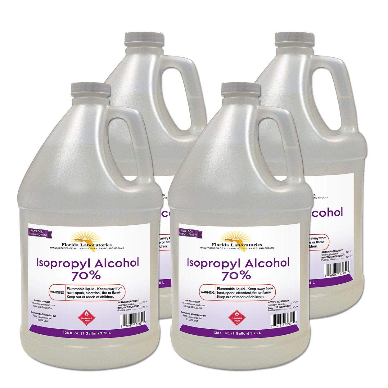 Florida Laboratories Isopropyl Alcohol 70% Rubbing Alcohol, 4 Gallon Pack, Made in USA