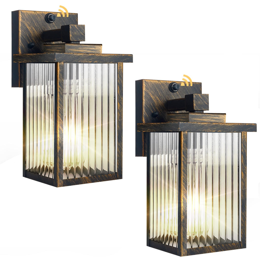 hameso 2 Pack Outdoor Wall Lights with Dusk to Dawn Sensor, Waterproof Exterior Lights for House Porch and Garage, Black Brush Gold Metal Wall Sconce with Textured Glass