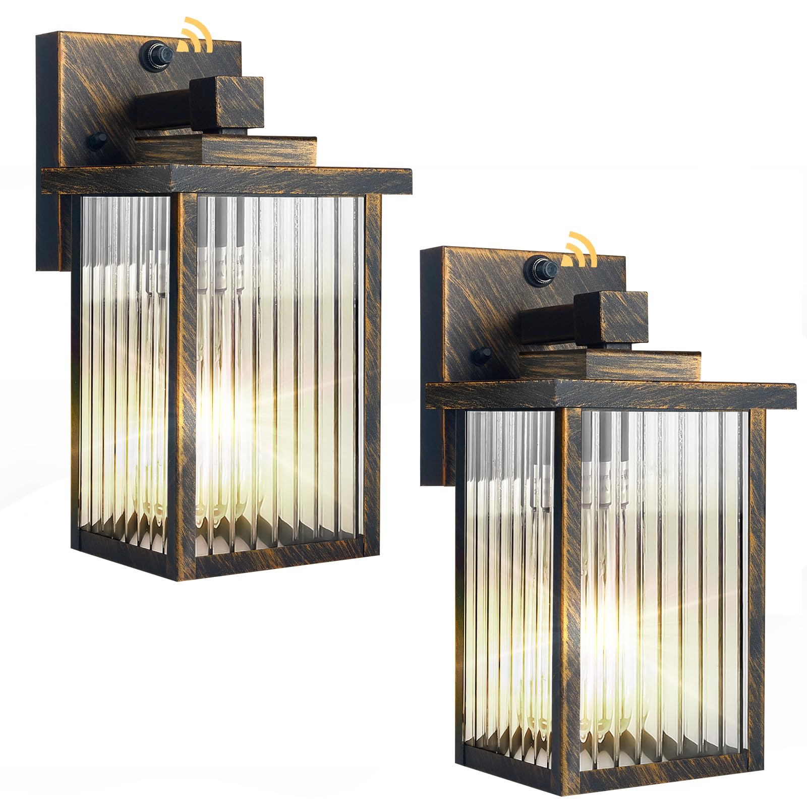 hameso 2 Pack Outdoor Wall Lights with Dusk to Dawn Sensor, Waterproof Exterior Lights for House Porch and Garage, Black Brush Gold Metal Wall Sconce with Textured Glass