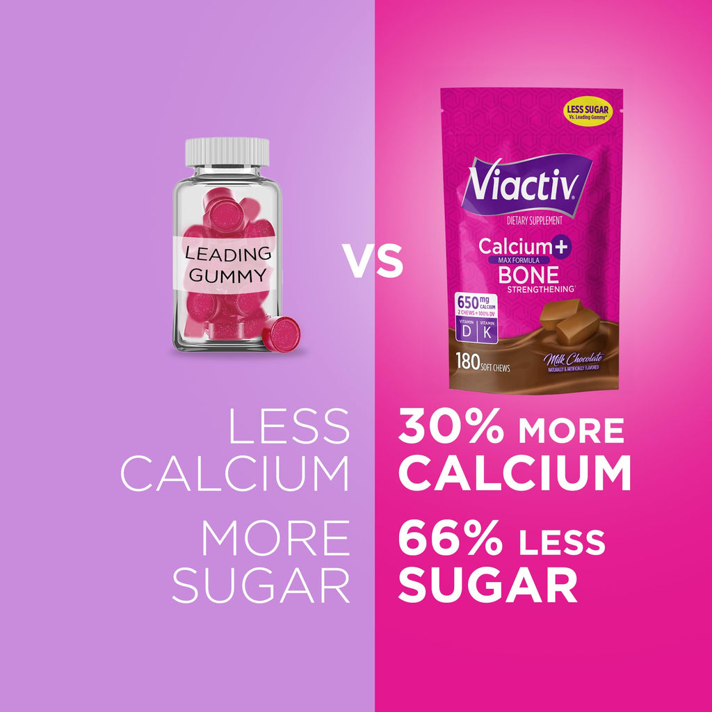 Viactiv Calcium + Vitamin D Supplement Soft Chews for Women & Men - Chewable Calcium for Bone Health Support, 650 mg per Serving, Vitamin D & K for High Absorption - 180 Count, Milk Chocolate