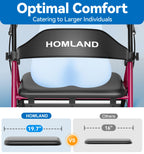 HOMLAND Bariatric Walkers for Seniors, 500lb Heavy Duty Rollator Walker with Extra Wide Padded Seat, 8” All Terrain Foldable Rolling Walker with Dual-Height Adjustable