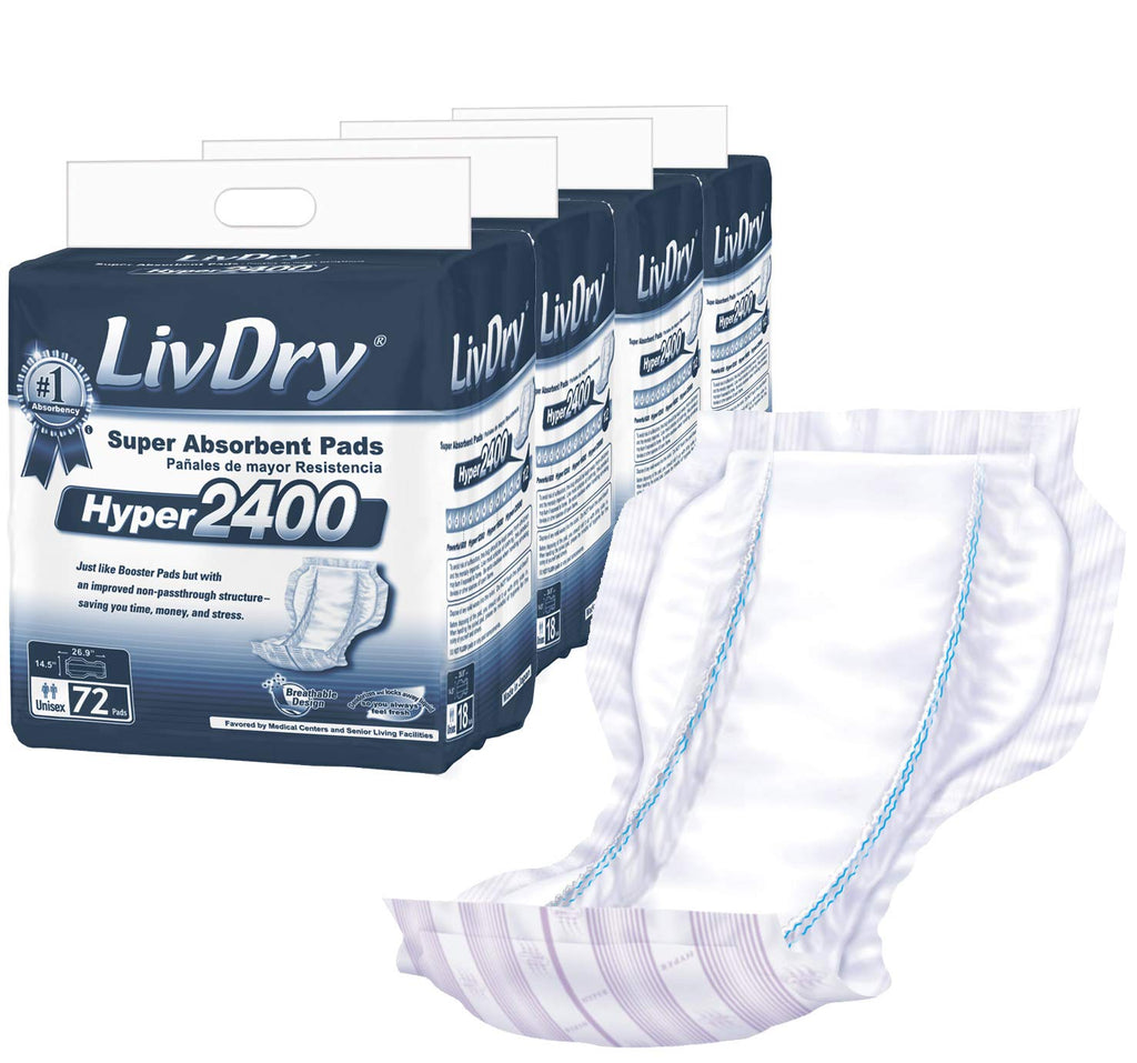 LivDry High Absorbency Pad Insert for Incontinence Briefs and Adult Diapers, Women and Men, Hyper 2400 (72 Count)