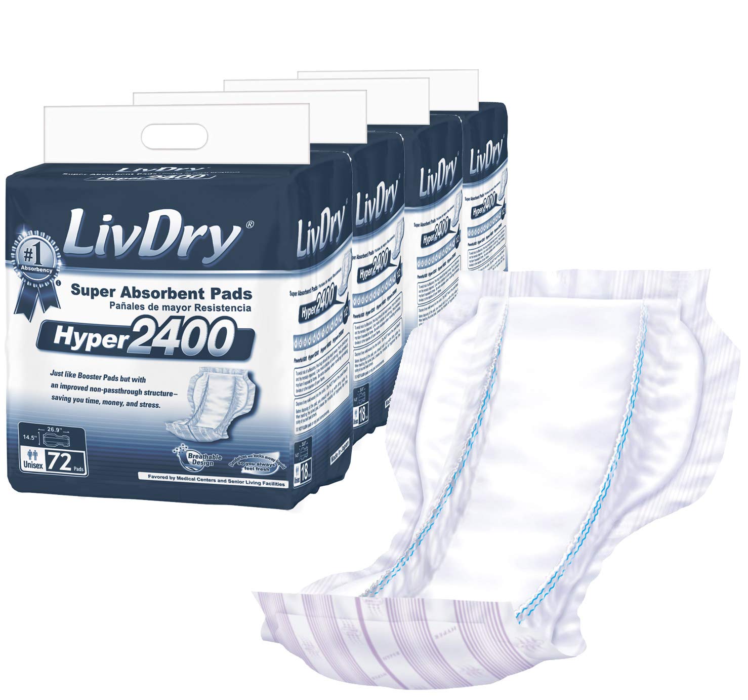 LivDry High Absorbency Pad Insert for Incontinence Briefs and Adult Diapers, Women and Men, Hyper 2400 (72 Count)