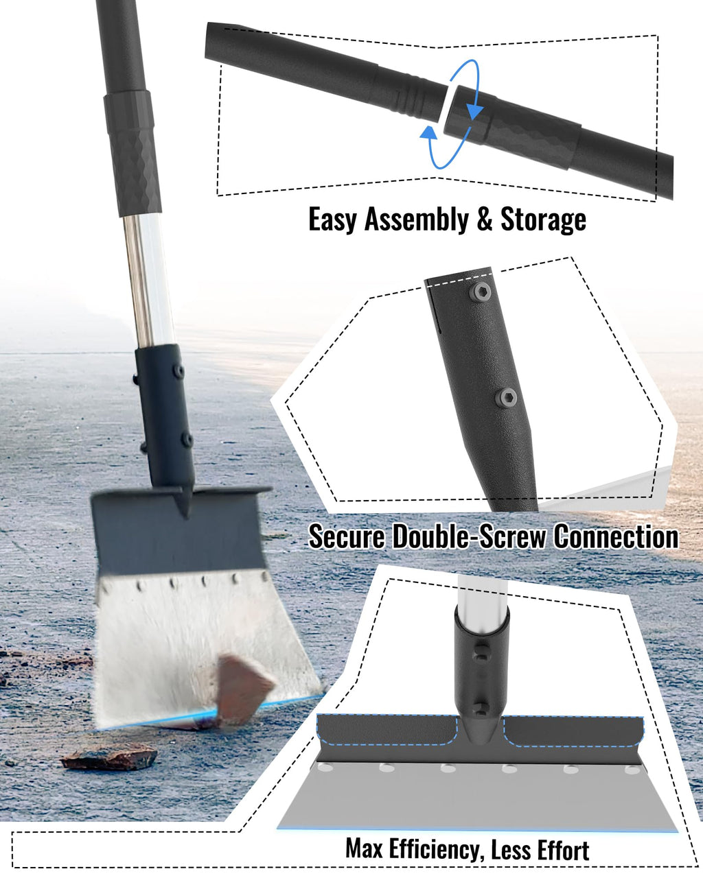 Garden Flat Shovel, Heavy Duty Multifunctional Cleaning Shovel with 60" Adjustable Long Handle, Metal Floor Scraper Tool for Weeding, Scraping, Ice & Snow Removal, Driveway, Sidewalk, Garden, Outdoor