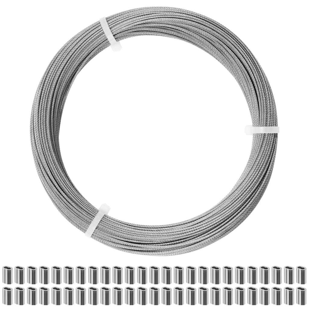 CELYND Stainless Steel Wire Rope - 100FT 1/16" Aircraft Cable with 50Pcs Crimping Sleeves for Outdoor Hanging String Lights Garden Trellis Clothesline DIY Projects