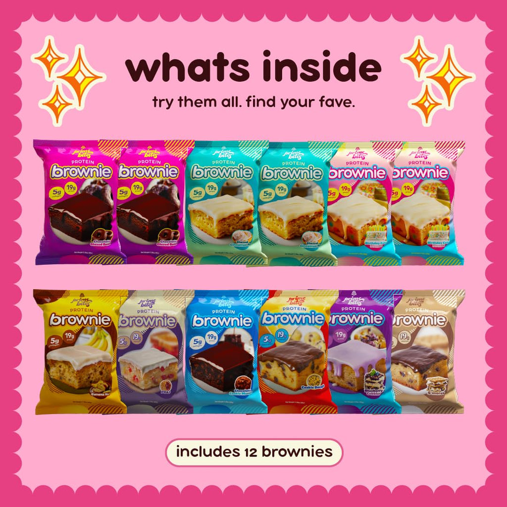 Prime Bites High Protein Brownie (12 Per Box, Variety Pack) - 19g of Protein, 5g of Collagen, Gluten Free, Low Sugar Treat, Delicious Protein Snack