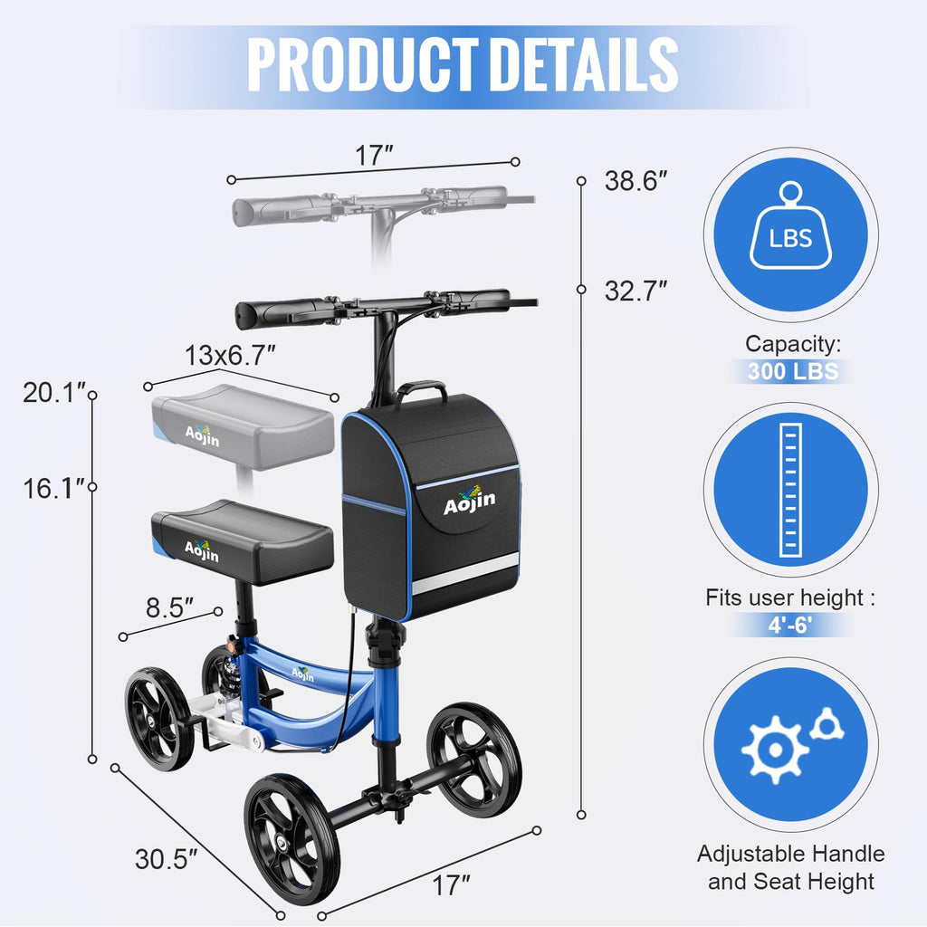 Aojin Knee Scooter for Adults for FootInjuries, 300lbs Capacity, All Terrain Foldable Knee Scooter Walker with Bag, 13" Wide Pu Seat, Compact Crutches Alternative (Blue)