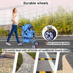 4 Wheels Pet Stroller Cat Dog Cage Stroller Travel Folding Carrier with Cup Holders and Removable Liner for Small-Medium Dog, Cat (Blue)