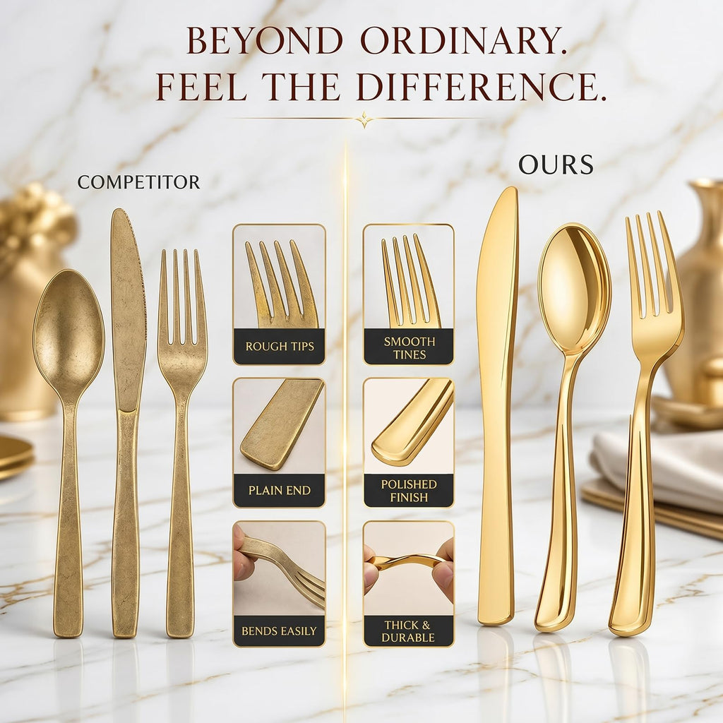 WDF 180 Count Gold Plastic Silverware Set - Heavy Duty Disposable Cutlery (60 Forks, 60 Knives, 60 Spoons) - BPA-Free Gold Flatware for Wedding/Fall Party/Baby Shower/Thanksgiving/Christmas