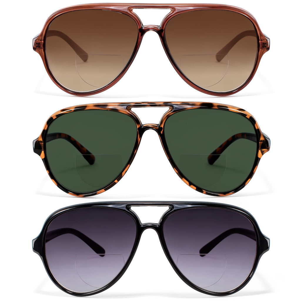 EYEGUARD 3 Pack Retro Aviator Bifocal Reading Sunglasses for Women Men UV400 Protection Classic Square Sun Readers 2.00
