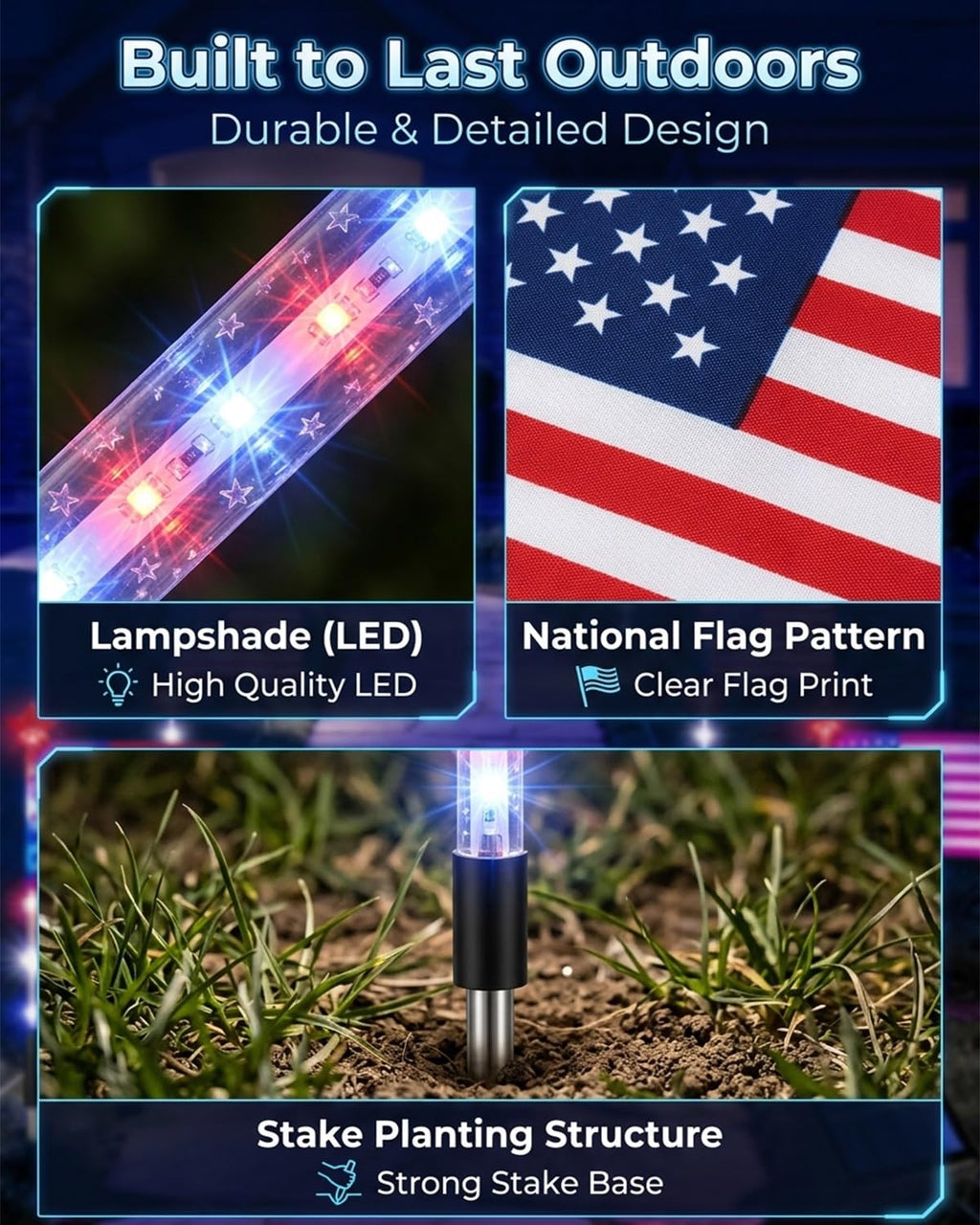 VUHIYOM 8 Piece Flag Light Set, Solar American Flag Lights Outdoor, 4th of July Pathway Stake for 250th Anniversary, Patriotic Red White Blue Decorations for Garden Yard, Waterproof Auto On/Off