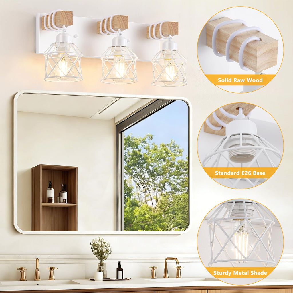 FadimiKoo 3-Light Farmhouse White Bathroom Vanity Light Fixtures, Rustic Wood Vanity Lights for Bathroom, Modern Bath Sconces Wall Lighting with Elegant Metal Shade for Mirror, Living Room, Bedroom