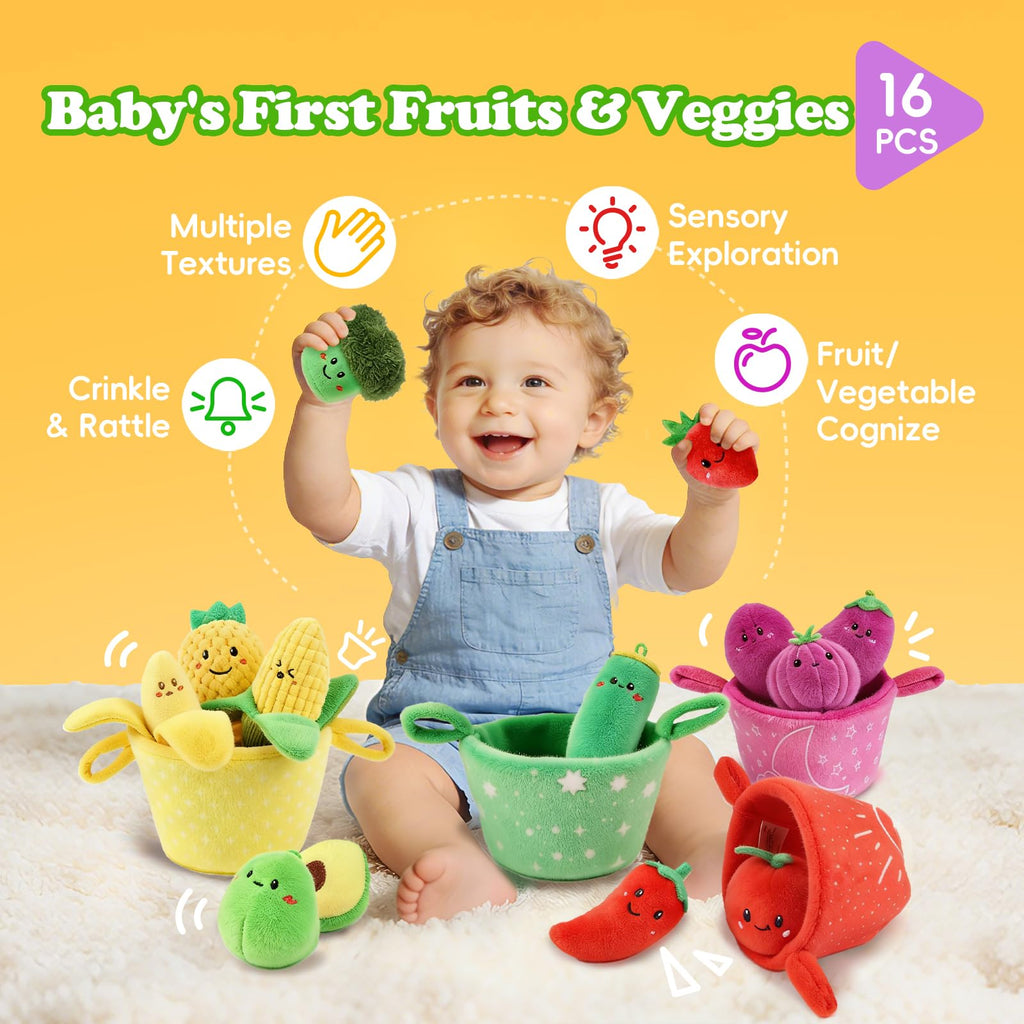 SAIMAND Baby Toys 6-12 Months,16PCS Montessori Plush Sensory Play Food Gift