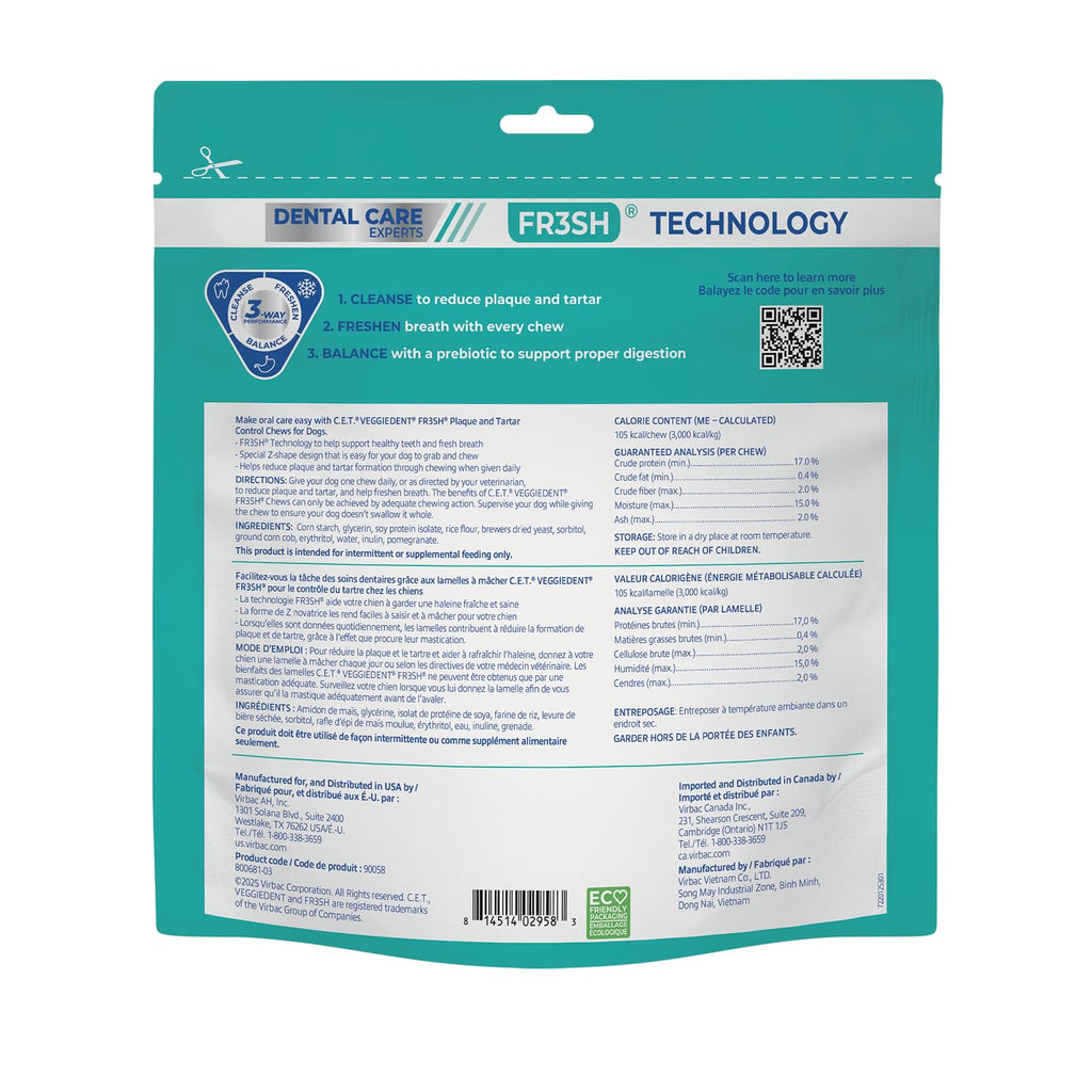 C.E.T. Veggiedent Fr3sh Plaque and Tartar Control Chews for Dogs, Large