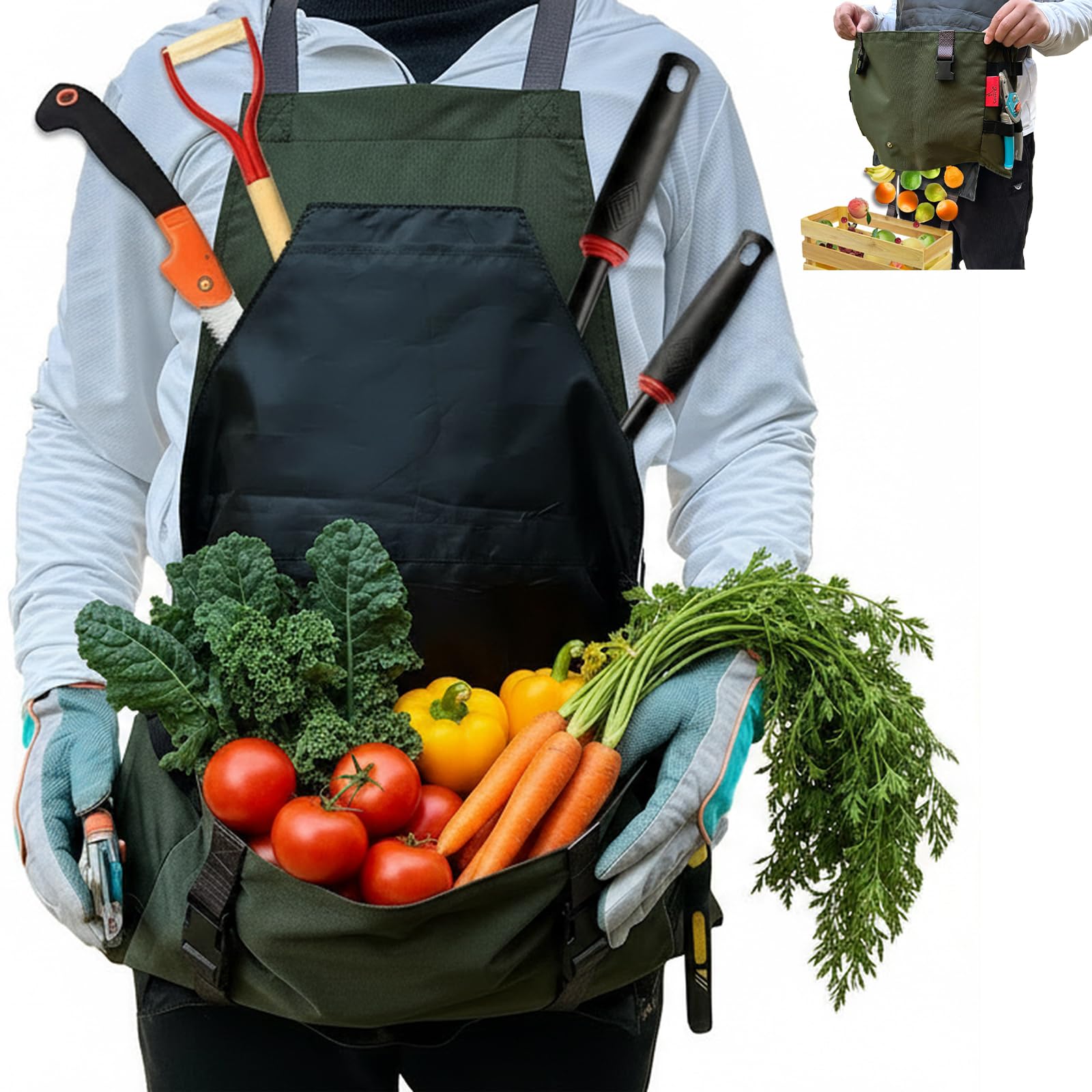 Extra Gardening Apron Waterproof Cross Back Apron Women, 600D Polyester Heavy Duty Men Apron Harvest Bag, Over 30% Larger Than Standard Models, Adjustable Straps and Large Quick Release Pockets Green
