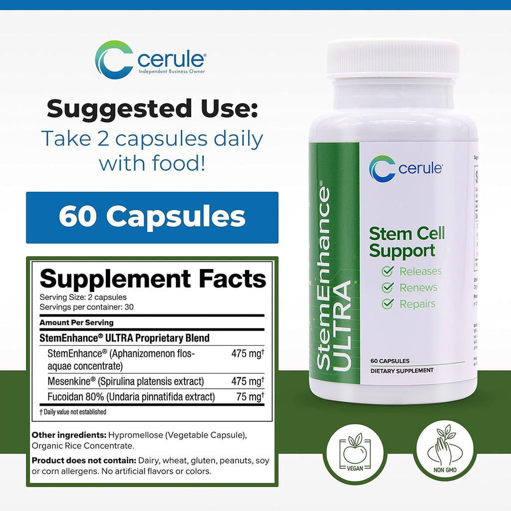 Cerule StemEnhance Ultra 2 Pack –Natural Stem Cell Support Supplement for Cellular Renewal, Immune Function, Energy, and Recovery–Freshwater Microalgae & Marine Macroalgae Extracts– 120 Capsules Total