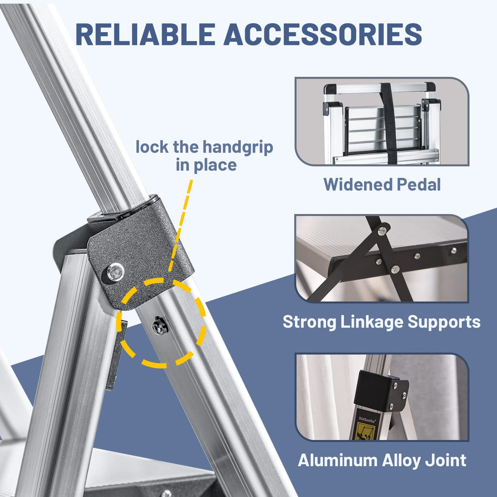 XinSunho 4 Step Ladder, Aluminum Folding Stool with Retractable Handgrip