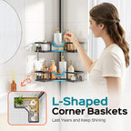 HAMITOR Corner Shower Caddy Tension Pole: 4-Tier Adjustable Shelf Black