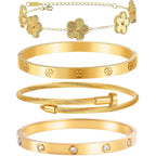 Womens Stackable Floral Gold Bracelets - 4Pcs 18K Gold Plated Bracelet,Stainless Steel Bangle Bracelets Non Tarnish, Gold Bracelet Set Trendy Jewelry,Christmas Valentines Birthday Gifts for Girlfriend