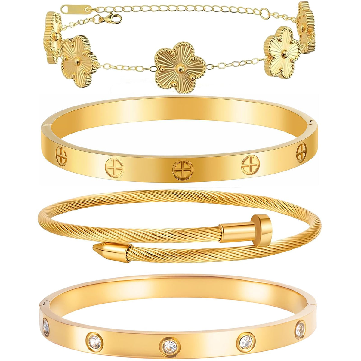 Womens Stackable Floral Gold Bracelets - 4Pcs 18K Gold Plated Bracelet,Stainless Steel Bangle Bracelets Non Tarnish, Gold Bracelet Set Trendy Jewelry,Christmas Valentines Birthday Gifts for Girlfriend