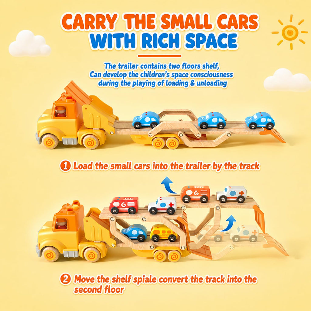 Toddler Car Toys for 2 3 4 5 Years Old Kids, Transport Carrier Truck Toy with 4 Wooden Vehicle, 24IN Foldable Track Trailer with Light & Sound Effects, Best Gift Choice for Christmas, Birthday