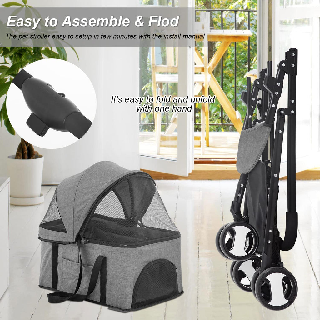 BestPet 3-Wheels Pet Stroller - Dog & Cat Premium 3-in-1 Multifunction Detachable Carrier Lightweight Folding Travel Stroller, Grey