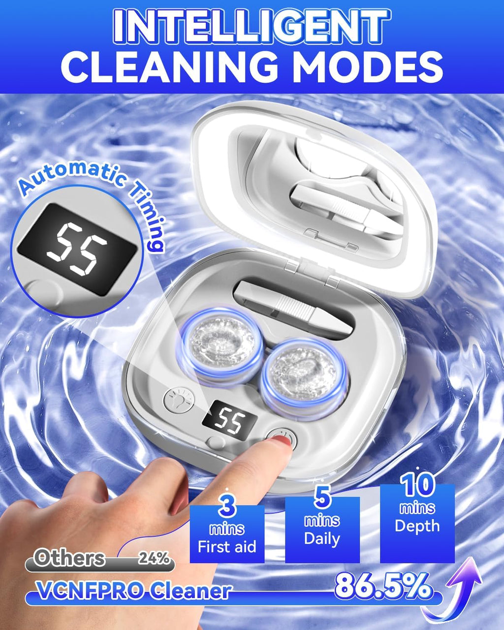2025 Upgraded Ultrasonic Contact Lens Cleaner【50KHz Germany Super Motor】【Top1 Intelligent Chip-Smart Modes】 Gentle Cleaning & 99% Brightness, Portable Soft Contact Lens Care Tools Home Travel (Grey)