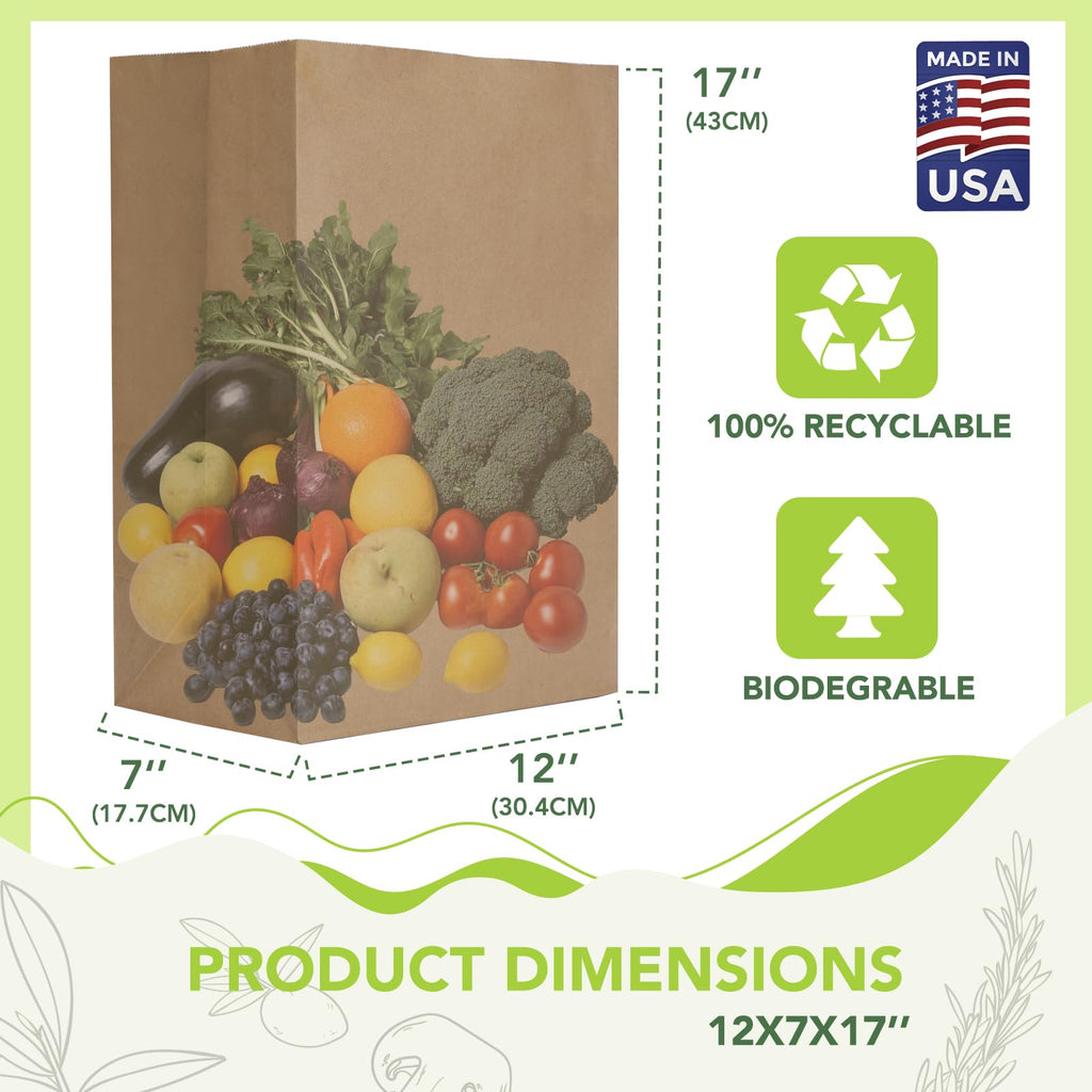 MESHA Paper Grocery Bags 12 x 7 x 17 Inches, 100 Pack Heavy Duty 60 lb Kraft Brown Paper Bags Bulk, Large Grocery Sacks for Shopping, Takeout, Restaurant, Retail, Storage and DIY Crafts