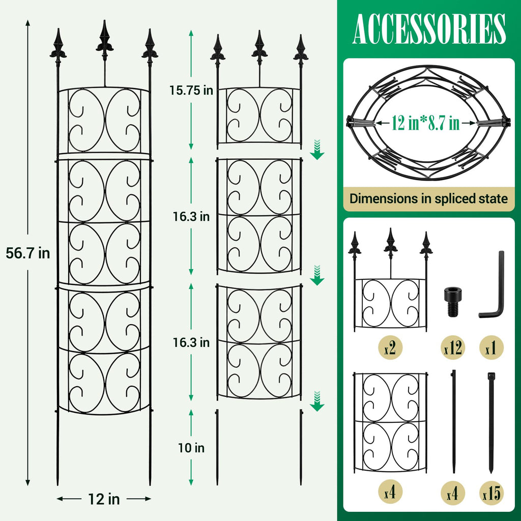 2 Pack 56.7'' H x 12'' W Garden Trellis for Climbing Plants Outdoor, Rustproof Metal Garden Flower Trellis, Rose Trellis for Outdoor Indoor Climbing Plants Clematis Vines Flowers Potted Plants, Tomato