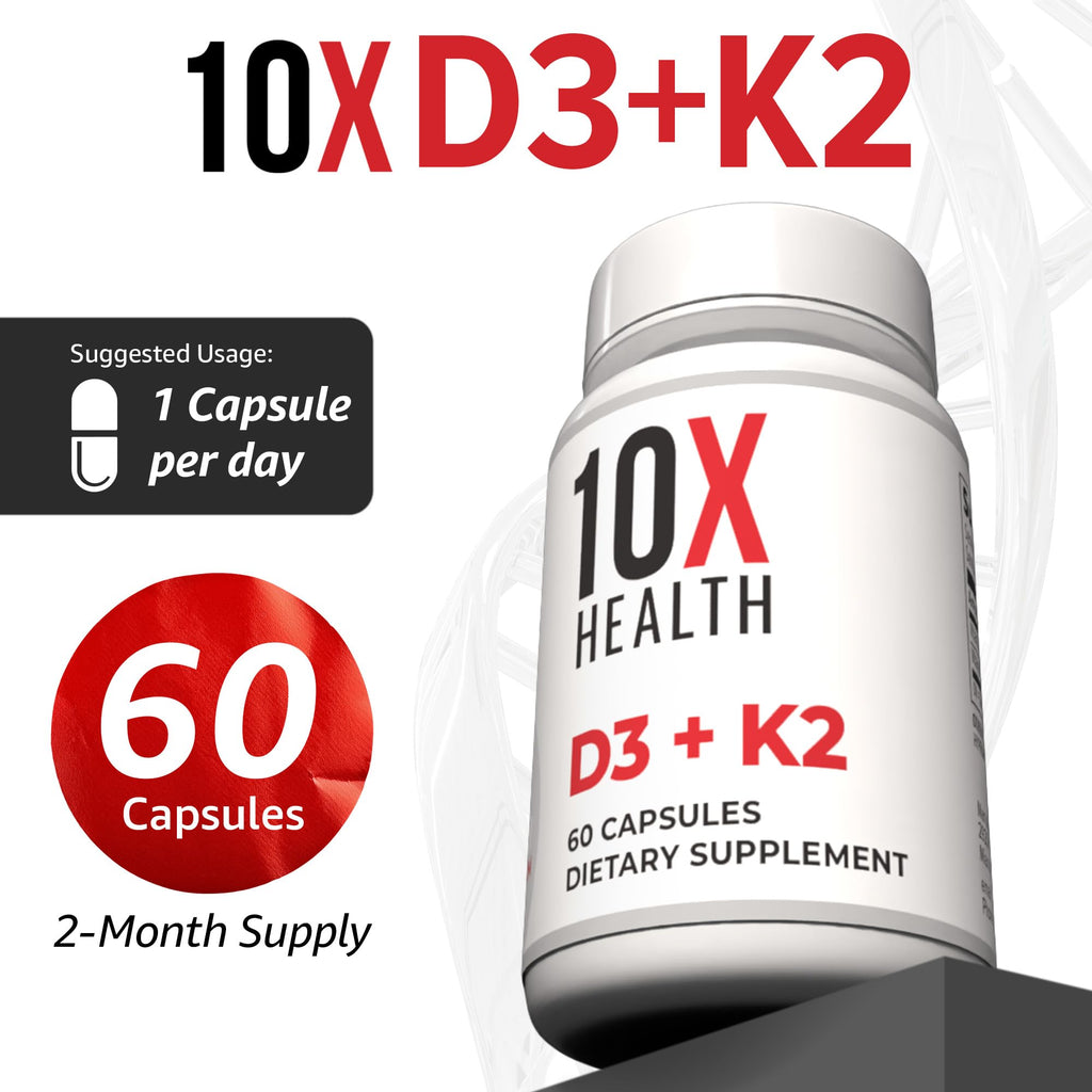 10X Health Vitamin D3 5000 IU & K2 MK7 - Menaquinone 7, High-Potency D3 K2 Vitamin Supplement for Bone Health, Heart and Teeth - 125 mcg Vitamin D & 90 mcg Vitamin K2-60 Capsules