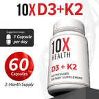 10X Health Vitamin D3 5000 IU & K2 MK7 - Menaquinone 7, High-Potency D3 K2 Vitamin Supplement for Bone Health, Heart and Teeth - 125 mcg Vitamin D & 90 mcg Vitamin K2-60 Capsules