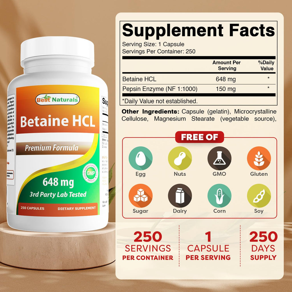 Best Naturals Betaine HCL 648 mg 250 Capsules (250 Count (Pack of 2))