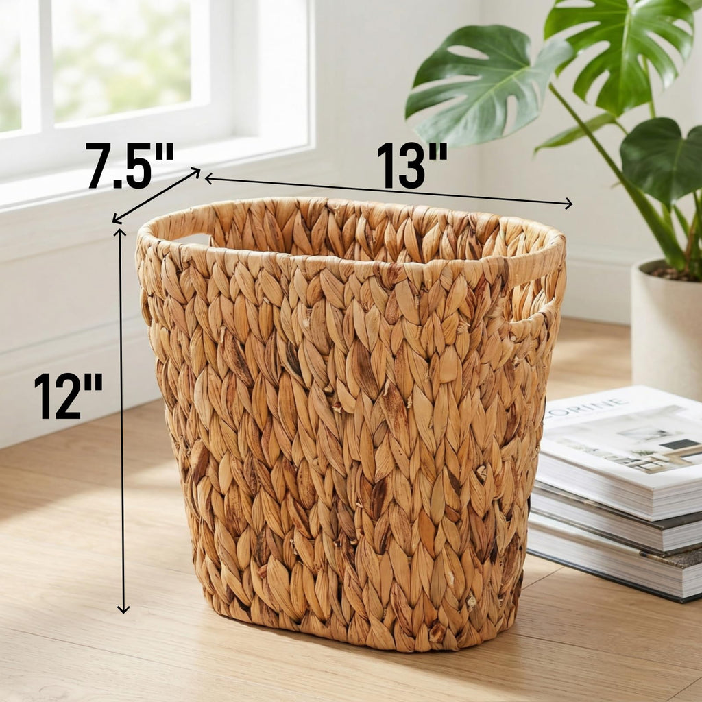 Pumtus Woven Trash Can, Handwoven Bathroom Waste Basket with Built-in Handles, Water Hyacinth Storage Bin, Garbage Laundry Magazine Container for Bedroom, Kitchen, Office, Utility Room