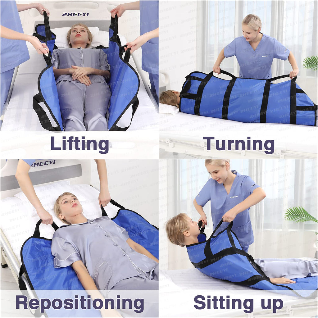 ZHEEYI Positioning Bed Pad with Reinforced Handles 43" x 36" Patient Transfer Sheet Aid Assistant for Body Lifting, Turning, Repositioning, for Elderly, Incontinence, Caregiver, Blue
