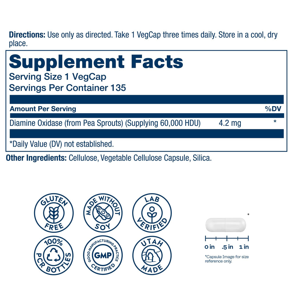 SOLARAY DAO Enzyme - Digestive Enzyme that Breaks Down Histamine - 60,000 HDU - Digestive Enzymes - Vegan, Gluten Free, Lab Verified - 135 Servings, 135 VegCaps