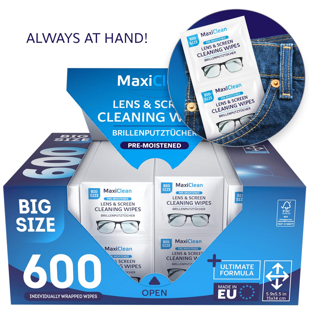 Glasses Wipes Lens Cleaner - Lens Wipes for Eyeglasses - 600 Pre-moistened Individually Wrapped Wipes for Eye Glasses, Electronics, Phone, Computer, Laptop Screen - Camera Lens Cleaner - Made in EU