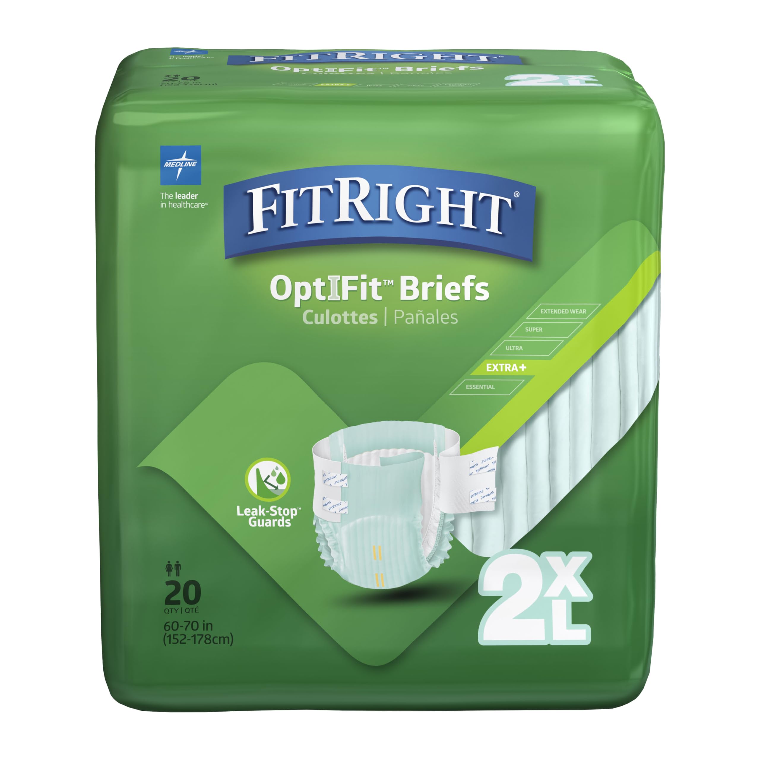 FitRight Adult Diapers, Extra+ Heavy Absorbency, 2XL (Waist Size 60in-70in), 80 Count, OptiFit Incontinence Briefs for Men and Women, Disposable, Moisture-Wicking, Leak Protection,