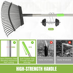 Adjustable 65 Inch Long 18 Inch Wide Garden Rake, 25 Tines Metal