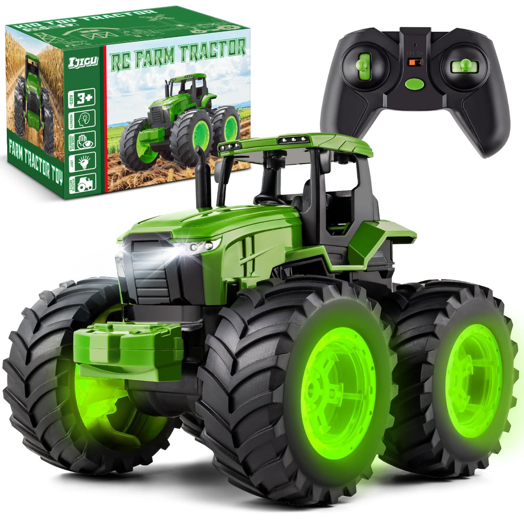 IJIGU Remote Control Tractor Toys, Light Up Farm Monster Trucks Toy for Boys 3, 4, 5, 6, 7 Year Old, 2.4 Ghz RC Tractor Toys, Ideal Christmas, Birthday Gifts for Kids