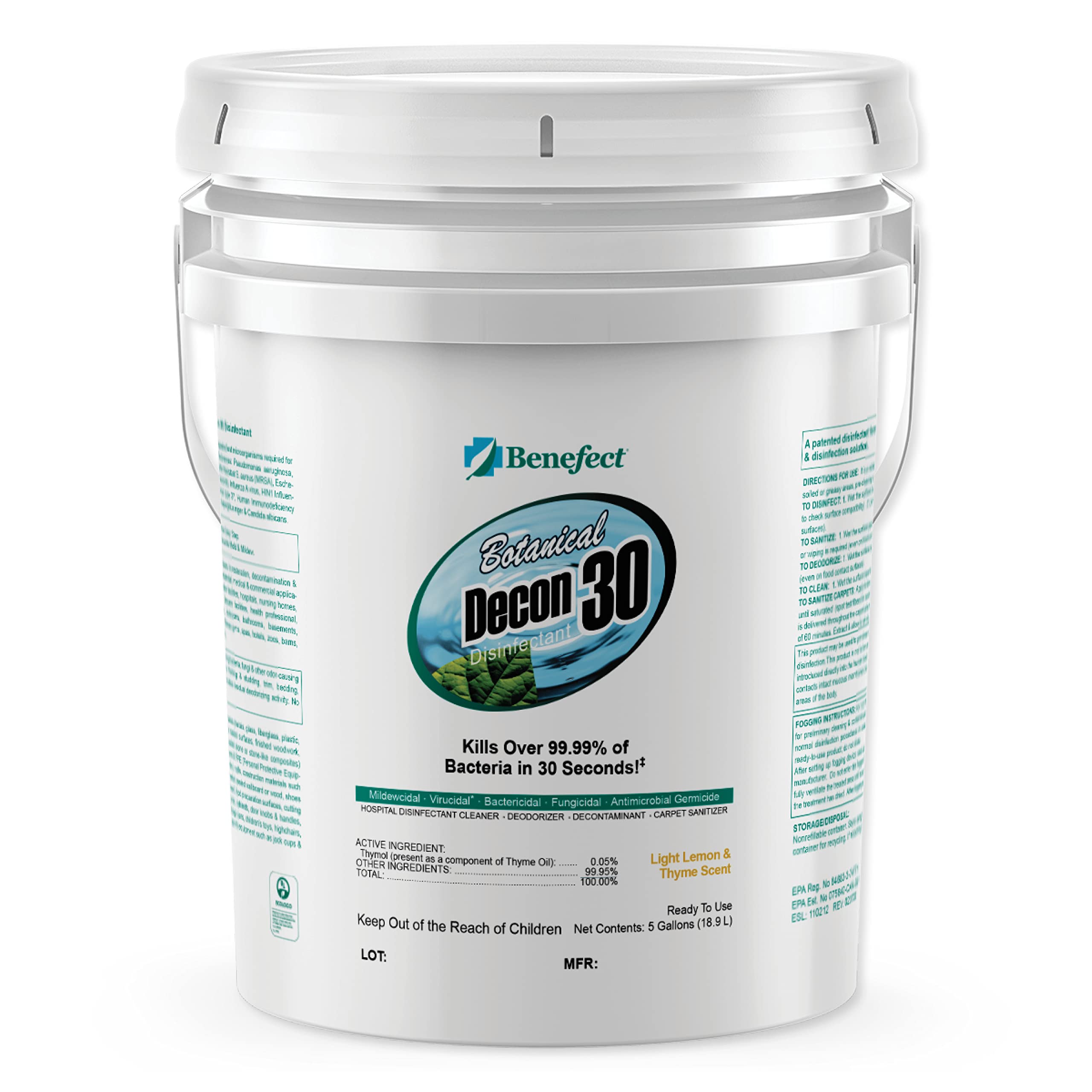 Benefect Botanical Decon 30 Disinfectant Cleaner, Light Lemon & Thyme Scent, 5 Gallon Pail