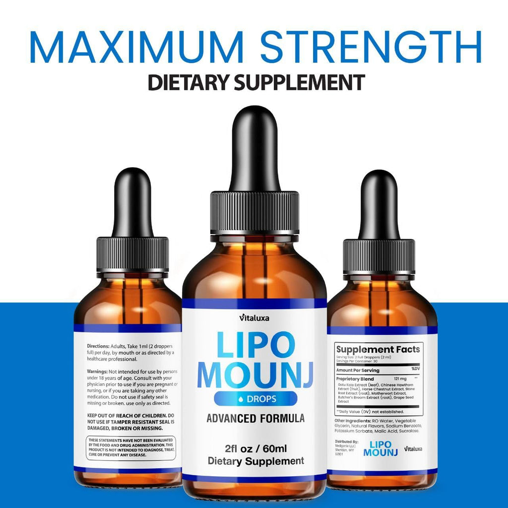 LipoMounj Gotas, LipoMount Mounj Drops Liquid Supplement Support Official Advanced Formula, Lipos Mount Mounjaro Premium Blend Maximum Strength All-Natural Ingredients, LipoMoun Mouj Liquido (2oz)