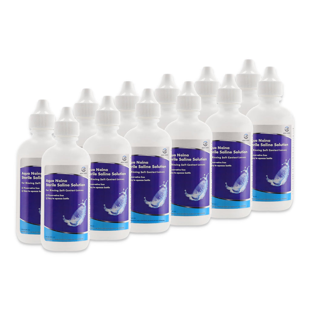 Aqua Naina Plus Sterile Saline – Preservative-Free, Single-use Rinse for Soft, RGP & scleral Lenses Before Application. Travel-Friendly, 12 x 1 fl oz Bottles
