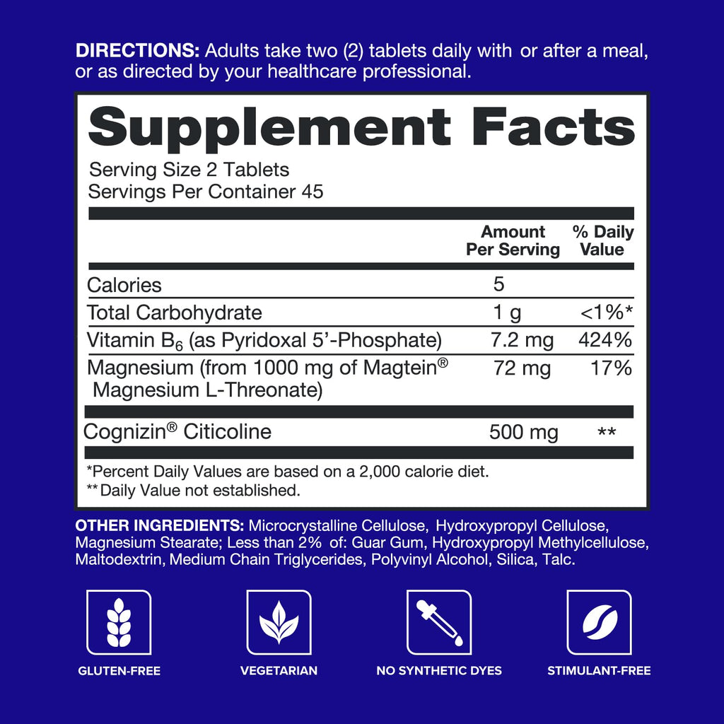 Qunol Brain Health Memory Plus with B6, Magnesium L-Threonate & Citicoline, Clinically Tested Ingredients to Improve Memory, Focus, Attention and Productivity, 90 Count
