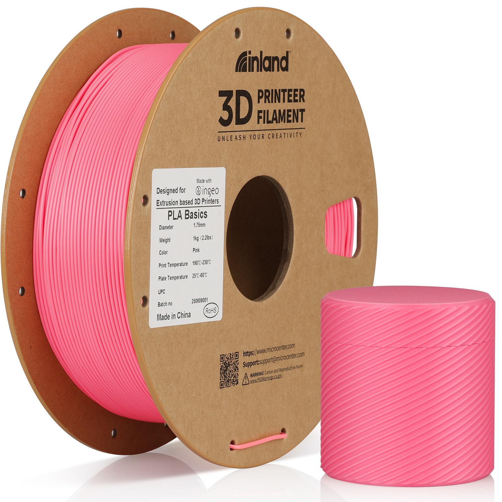 Inland PLA Basics Filament 1.75mm, 1kg Spool – Dimensional Accuracy ±0.02mm, Neatly Wound, Fits Most FDM 3D Printers (Pink, 1 Pack)