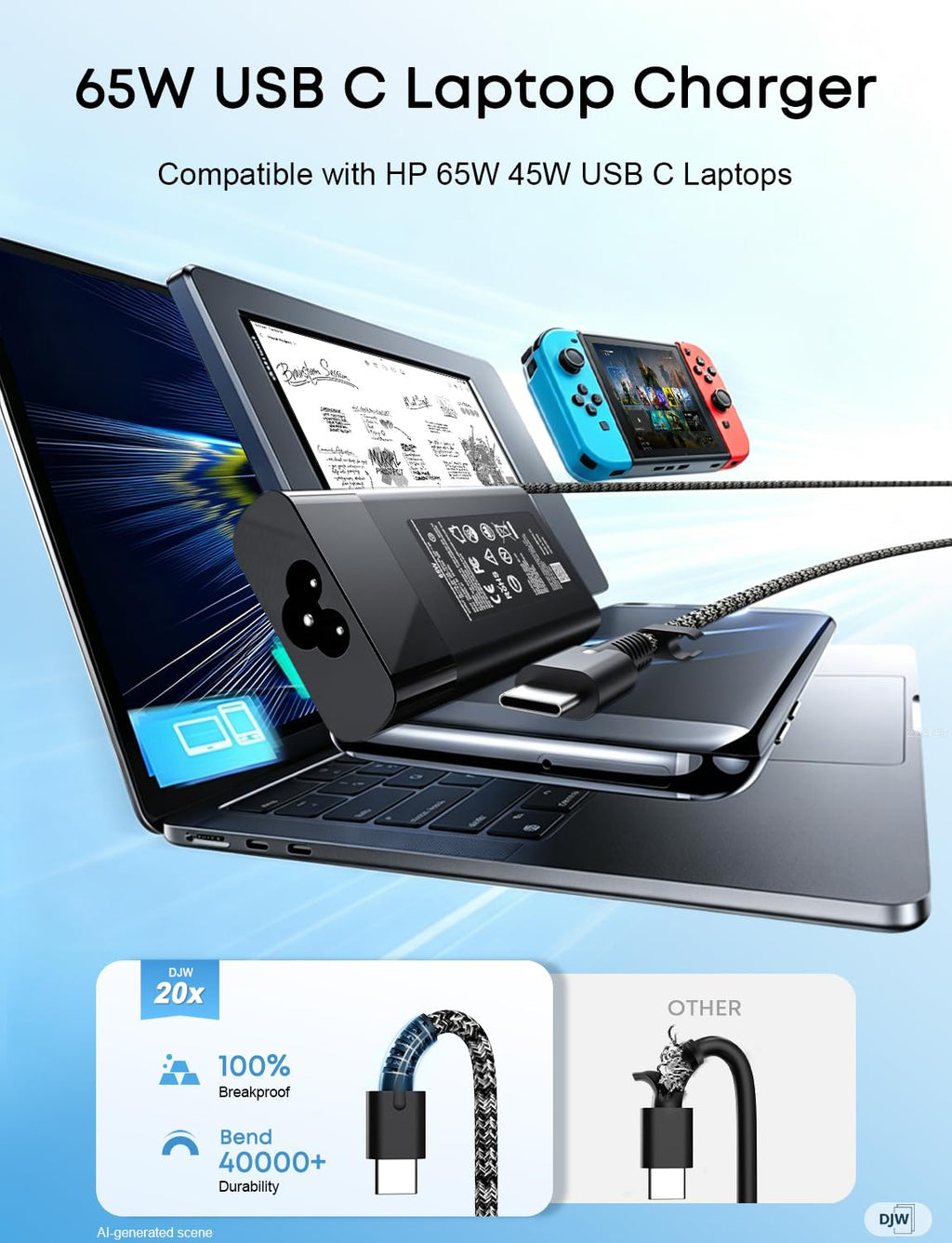 DJW 65W USB C Laptop Charger Compatible with HP Spectre x360,Envy,Elitebook x360,Pavilion, Elite x2,Chromebook,Omnibook,Dragonfly,Zbook,ProBook Travel Computer Charger USB Type C AC Power Adapter