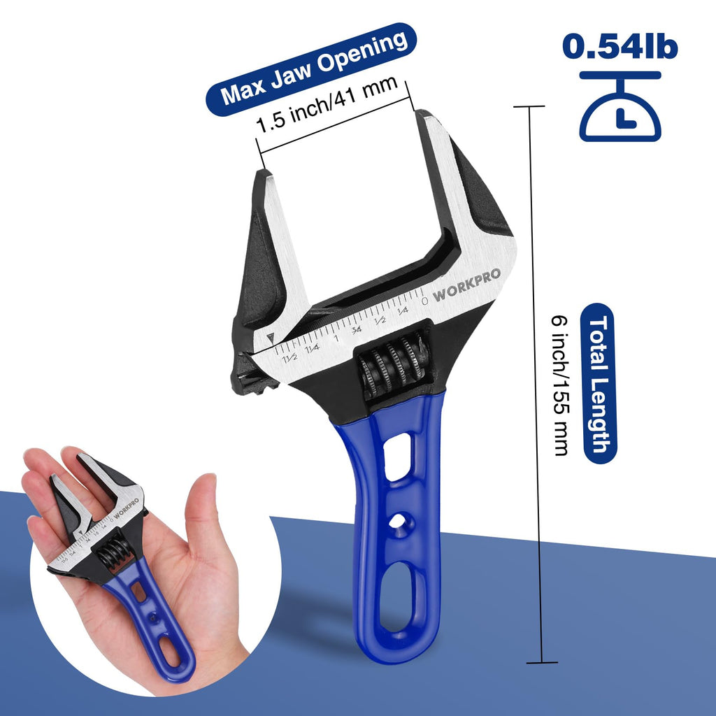 WORKPRO 6-Inch Stubby Adjustable Wrench, 1.5-Inch Extra Wide Jaw Opening Wrench, Metric/SAE Scales, Cr-V Steel, Ideal for Work in Confined Spaces